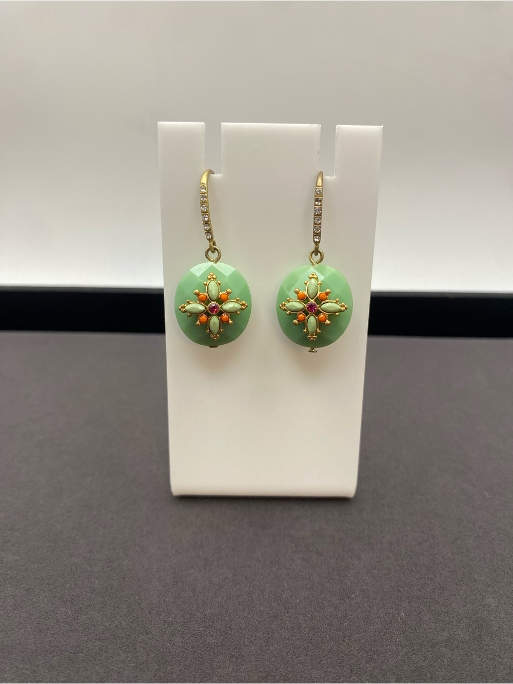 Green Drop Earrings with Gold Accents and Colorful Accents - Picture 3 of 9